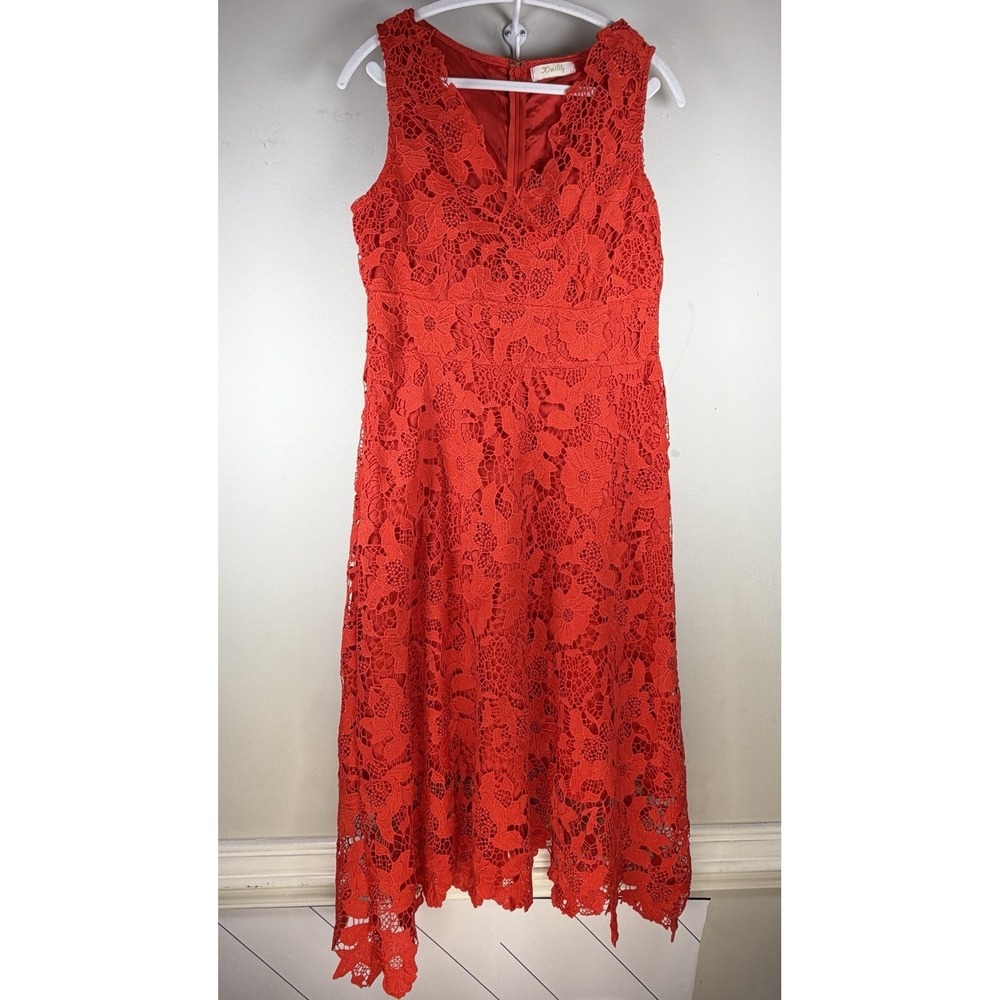 Kimiliy Red Lace Midi Size Large Lined Dress SleevelessAccents, and Round Neck